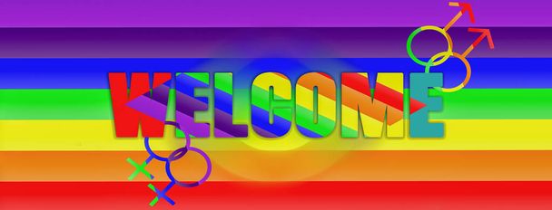 LGBT käsite Rainbow symbolit Tervetuloa, oikeudet ja tasa-arvo kuuluvat lesbo, homo, biseksuaali ja transsukupuolisten ryhmien, banneri vaakasuora taustakuva ja verkkosivuilla, kuvituksen suunnittelu
 - Valokuva, kuva