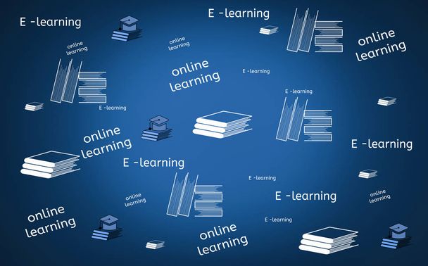 Найти онлайн и электронное обучение, со значком книги и шляпы, фон изолирован синим, концепция свободы онлайн и интернет-образования грамотности с бесполезным образованием
 - Фото, изображение