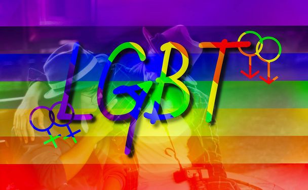 Symbols of pride, rights and equality of LGBT include lesbian, gay, bisexual and transgender groups, sky background color, and lesbian traveler concept - Photo, Image