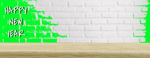 Feliz ano novo, mesa de madeira e textura de parede de tijolo branco com superfície áspera horizontal, Banners para decorar sites, usando anúncios vazios em branco e espaço de cópia para texto, tendência cor verde UFO splash
 - Foto, Imagem