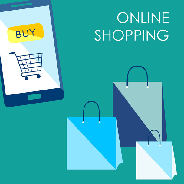 Concept of web banner voor online winkelen. Mobiele telefoon met achtergrond voor online kopen en boodschappentassen. Platte vectorillustratie. - Vector, afbeelding