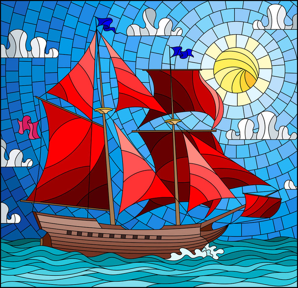 Illustration im Glasmalereistil mit einem alten Schiff, das mit roten Segeln gegen Meer, Sonne und Himmel segelt, Meereslandschaft  - Vektor, Bild