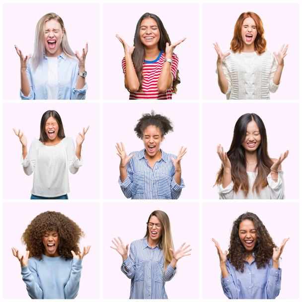 Collage de mujeres jóvenes sobre un fondo rosa aislado celebrando locos y locos por el éxito con los brazos levantados y los ojos cerrados gritando emocionados. Concepto ganador
 - Foto, imagen
