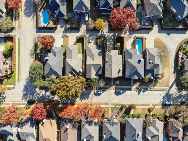 Top view residential houses with swimming pool and colorful fall foliage suburban Dallas, Texas, USA. Straight down look as satellite style. - Photo, Image