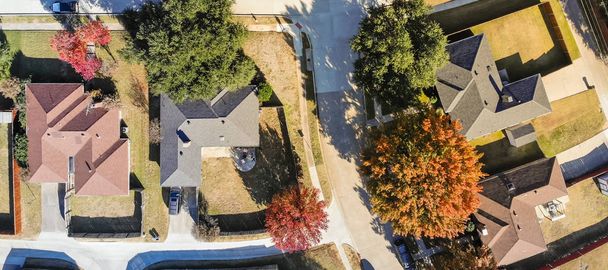 Panorama aerial view residential neighborhood with colorful fall foliage suburban Dallas, Texas, USA. Straight down look as satellite style. - Photo, Image