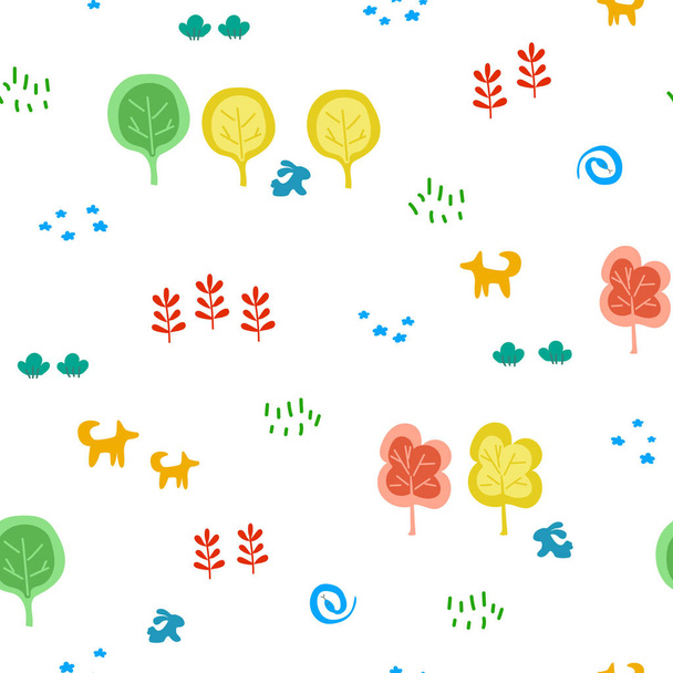 Cartoon children's seamless pattern with forest theme. Cool bright ornament is great for prints, textiles, covers, gift wrappers, backdrops. Vector illustration. - ベクター画像