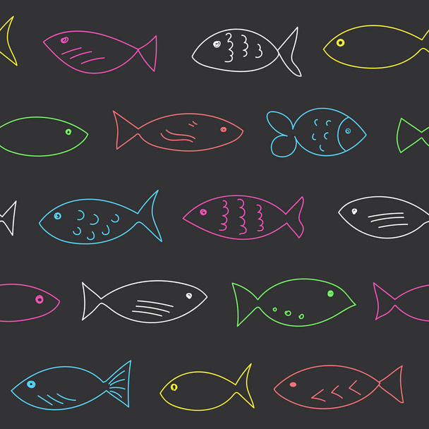 A flock of swimming fish.  Seamless pattern. Hand drawn design - Vector, Image