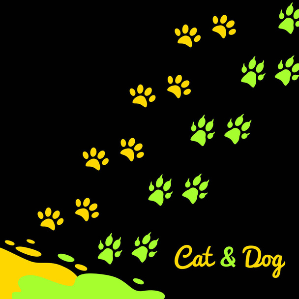 A bright puddle of yellow paint and green and colored footprints - Vector, Imagen