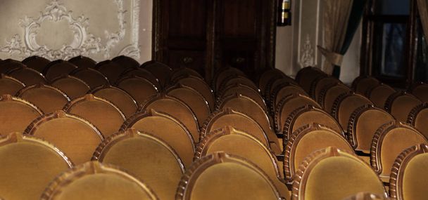 Tradicional clásico real ricamente decorado redondo de madera antigua felpa sillas de ópera de terciopelo oscuro para los espectadores, lugares en los cines en fila curva con alfombra pintoresca decorativa. hall con línea de sillas
 - Foto, imagen
