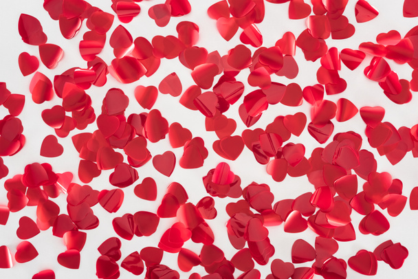 top view of beautiful red heart shaped petals on grey background, valentines day concept  - 写真・画像