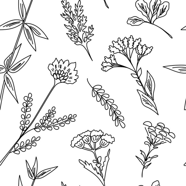Seamless pattern with wildflowers. Floral background. Linear style vector illustration - ベクター画像