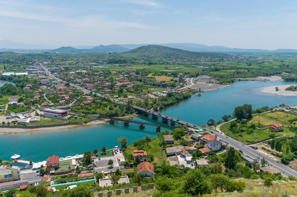 Panoramiczny widok z twierdzy Shkoder Rosafa, Albania, - Zdjęcie, obraz