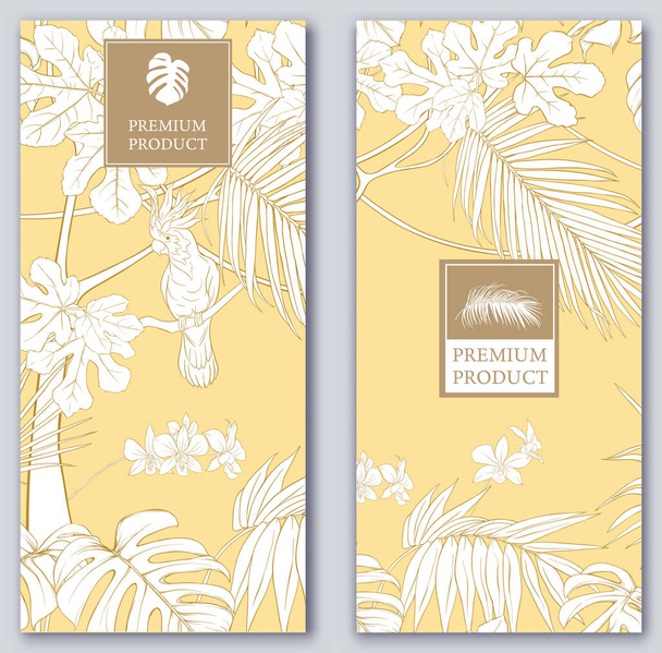 Set of two templates for label for premium product  or cards, invitation, with tropical plants, palm, monsters, orchids and birds. Outline hand drawing vector illustration on soft yellow background. - Vektör, Görsel