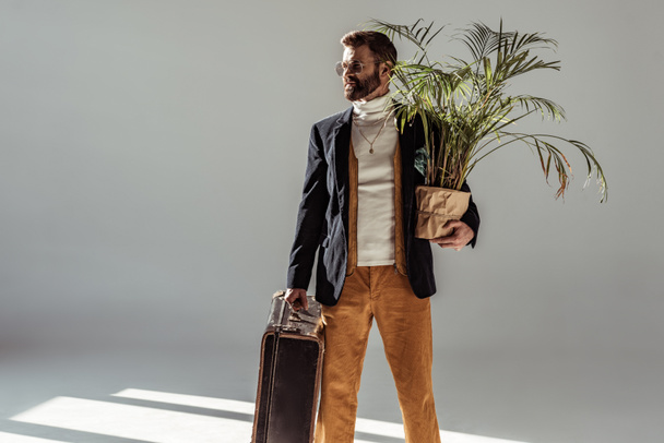 handsome bearded man in glasses holding green plant in pot and vintage suitcase on grey background - Foto, Imagem