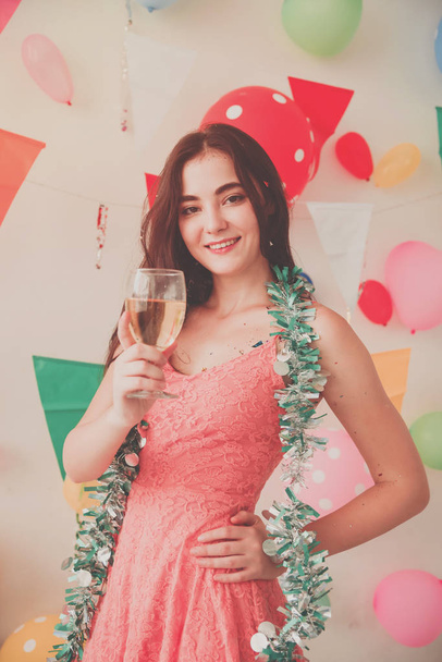 party time of beautiful women drinking alcohol champagne celebrating new year, birthday, fun and happiness - Fotó, kép