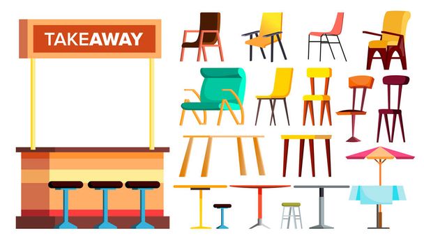 Cafe Furniture Set Vector. Takeaway. Interior Design Furniture Element. Table, Chair. Sidewalk Bistro. Isolated Cartoon Illustration - Vector, Image