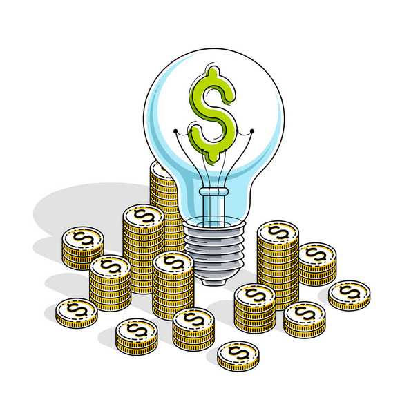 Business creative Idea concept, Light Bulb with cash money stack and coins piles, 3d vector business and finance design, isometric thin line illustration - Vector, Imagen