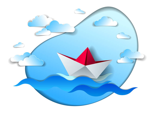 Paper ship swimming in sea waves, origami folded toy boat floating in the ocean with beautiful scenic seascape with clouds in the sky, vector illustration   - Вектор, зображення