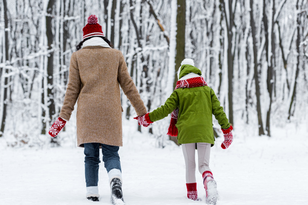 mother and daughter walking and holding hands in winter park - Photo, Image