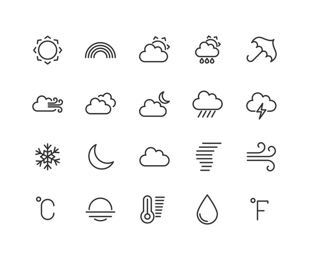 Időjárás-előrejelzés lineáris ikonok beállítása. Hó, eső, ónos eső. Zuhany vagy szitáló eső, zivatar. Napos, felhős, ködös, szeles időjárás. Elszigetelt vektor szerkezeti illusztrációk szerkeszthető stroke, 48 x 48 képpont tökéletes - Vektor, kép