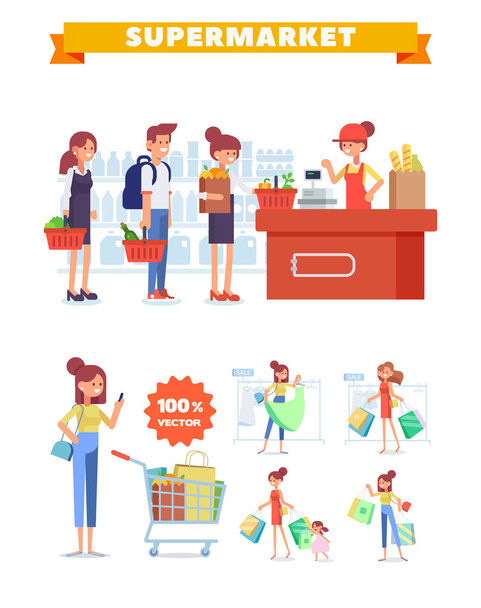 People Shopping in supermarket  vector set. Big sale. Flat vector illustration. - Vector, Image