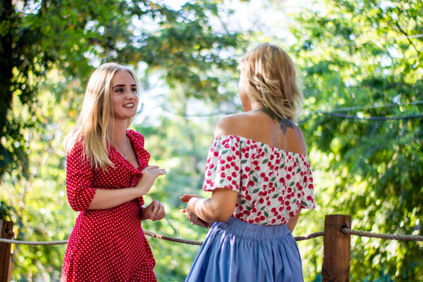 dwie atrakcyjne dziewczyny Blondynka mówi i przytulanie w parku. Siostry razem miło spędzić czas - Zdjęcie, obraz