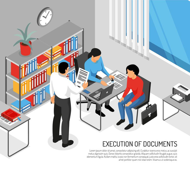 Illustrazione isometrica dell'esecuzione dei documenti notarili
 - Vettoriali, immagini
