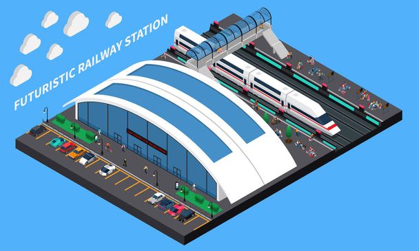 Futuristic Railway Station Isometric Composition - Vector, Image