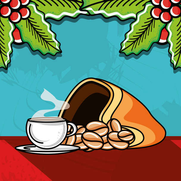 sack and cup of coffee and leafs - Vector, Image