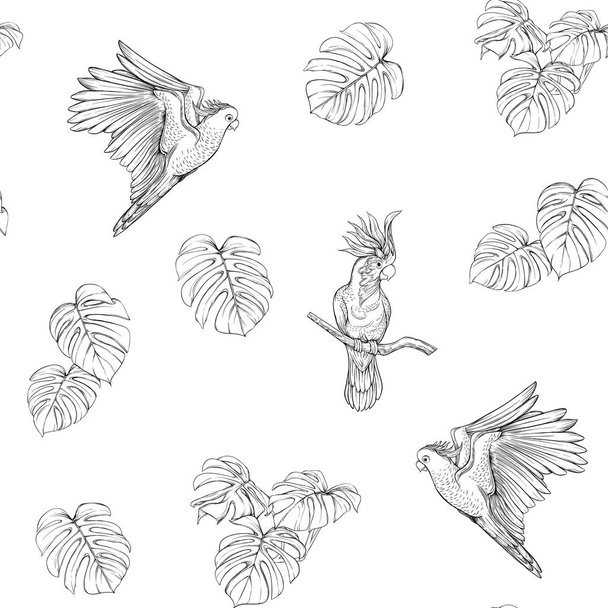 Seamless pattern, background with tropical birds. White heron,cockatoo parrot. Vector illustration. Graphic drawing, engraving style. vector illustration. In vintage blue and beige colors.  - Vector, Imagen