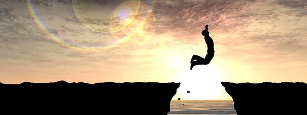 Konzept oder konzeptionelle 3D-Illustration Junger Mann oder Geschäftsmann Silhouette springen glücklich von Klippe über Wasserlücke Sonnenuntergang oder Sonnenaufgang Himmel Hintergrund Banner - Foto, Bild