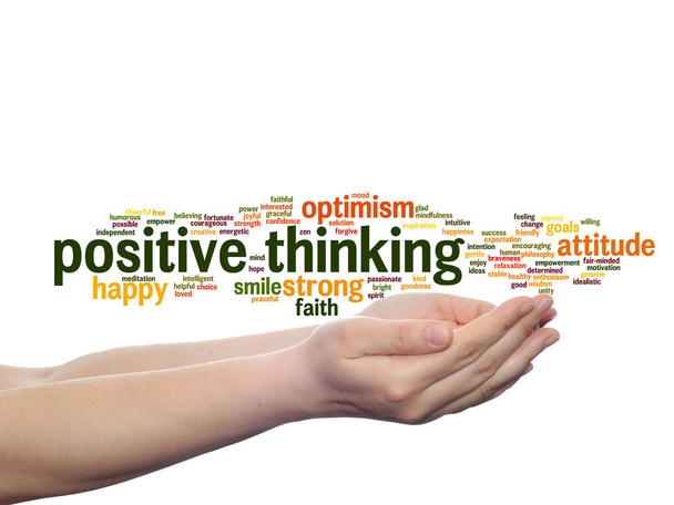 Concept or conceptual positive thinking, happy or strong attitude abstract word cloud in hands isolated on background - Photo, Image