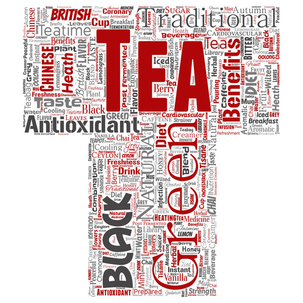 Vector conceptuele groene of zwarte thee drinken cultuur brief lettertype rode natuurlijke smaak, proeven van verschillende word cloud geïsoleerd achtergrond. Collage van traditionele geneeskunde gezondheid of dieet voordeel concept - Vector, afbeelding