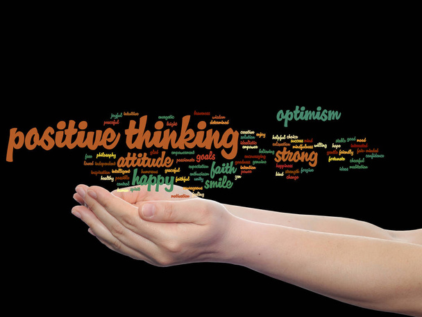 Concept or conceptual positive thinking, happy or strong attitude abstract word cloud in hands isolated on background - Photo, Image