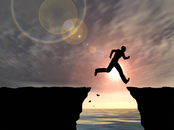 Concept ou illustration 3D conceptuelle jeune homme ou homme d'affaires silhouette sauter heureux de falaise sur l'écart d'eau coucher de soleil ou lever de soleil ciel arrière-plan
 - Photo, image