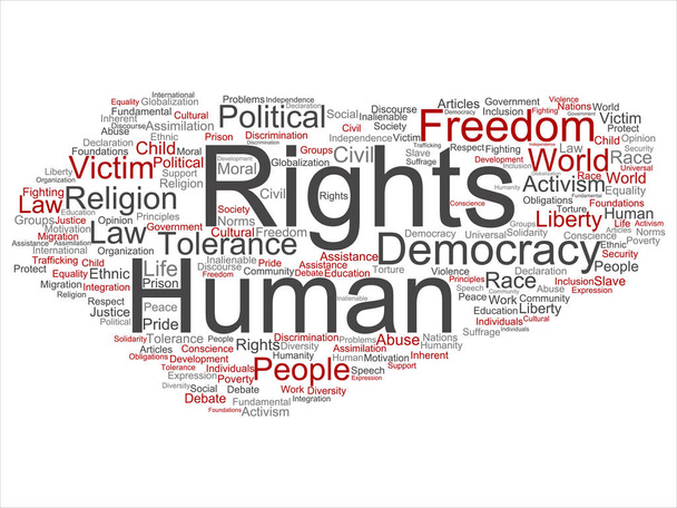 Koncepció vagy fogalmi emberi jogok politikai szabadság, a demokrácia absztrakt szó felhő elszigetelt háttér. Emberiség világ tolerancia, alapelvek, emberek igazságügyi megkülönböztetés szöveges kollázs - Fotó, kép