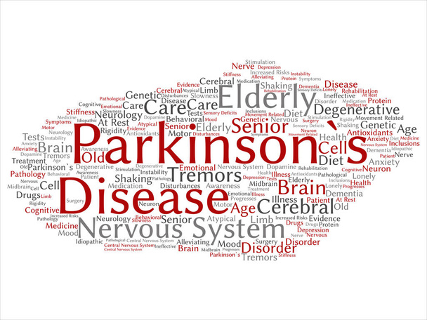Begrip van conceptuele Parkinson gezondheidszorg of zenuwstelsel stoornis abstract woord cloud geïsoleerde achtergrond. Collage van gezondheidszorg, degeneratieve ziekte, genetische, symptoom of hersenen tekst - Foto, afbeelding