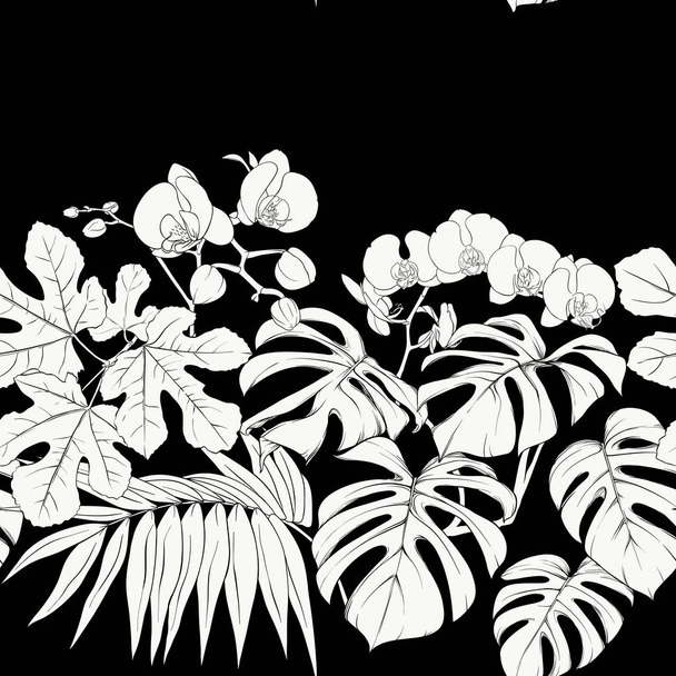 Tropical plants and white orchid flowers. Seamless pattern, background. Vector illustration. Black-and-white graphics. Vector illustration. - ベクター画像