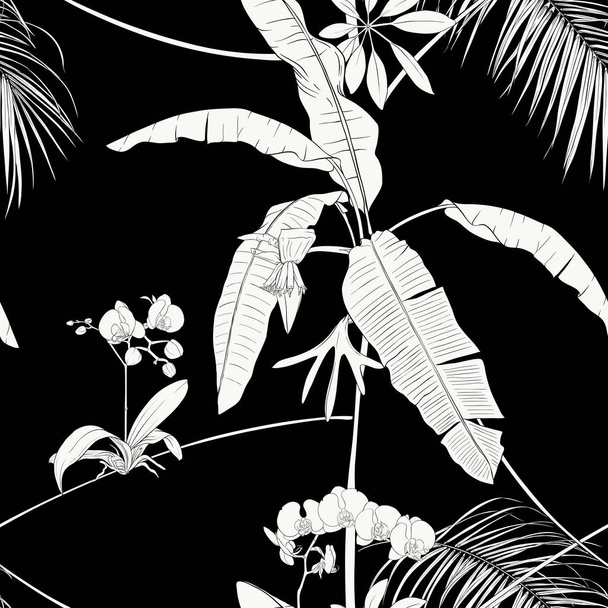 Tropical plants and white orchid flowers. Seamless pattern, background. Vector illustration. Black-and-white graphics. Vector illustration. - ベクター画像