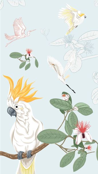 Pattern, background with with feijoa flowers with herons and cockatoo parrot. Vector illustration.  On soft blue background. Colored and outline design. - Vektör, Görsel