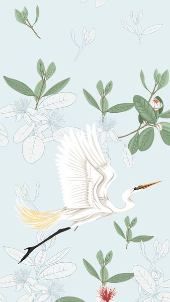 Pattern, background with with feijoa flowers with herons . Vector illustration.  On soft blue background. Colored and outline design. - Vektor, kép