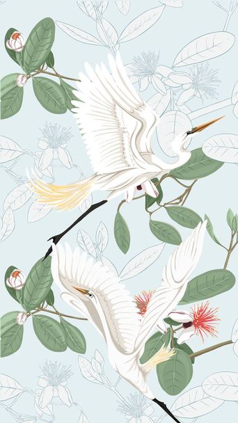 Pattern, background with with feijoa flowers with herons . Vector illustration.  On soft blue background. Colored and outline design. - Vektor, Bild