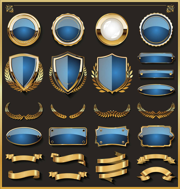 Collection of elegant blue and golden badges and labels design elements - Вектор, зображення