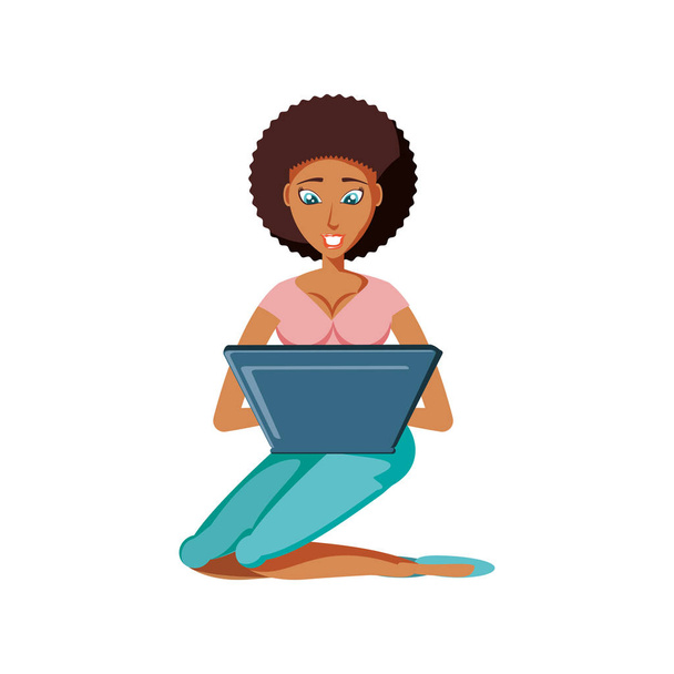 mulher preto sentado com computador portátil
 - Vetor, Imagem