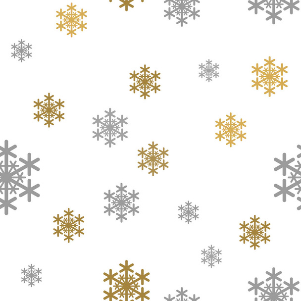 Seamless pattern gold gray Snow Falling on white Background with Merry Christmass. Golden Gray Snowflakes. Background for your Christmas and New Year Design of Banners, Cards, Posters, Wallpaper. - 写真・画像