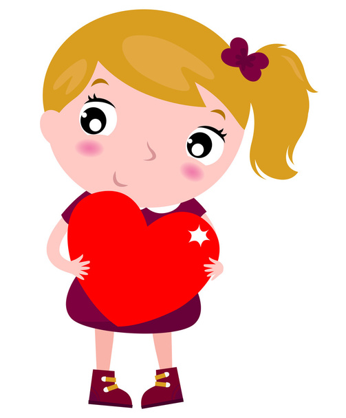 First love - cute little girl holding red heart isolated on whit - Vettoriali, immagini