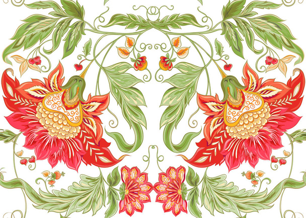 Seamless pattern with stylized ornamental flowers in retro, vintage style. Jacobin embroidery. Colored vector illustration. Isolated on white background. - Vecteur, image