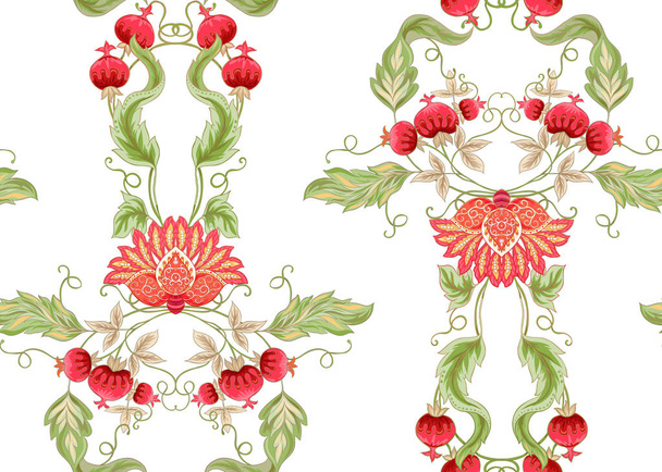 Seamless pattern with stylized ornamental flowers in retro, vintage style. Jacobin embroidery. Colored vector illustration. Isolated on white background. - Vektor, obrázek