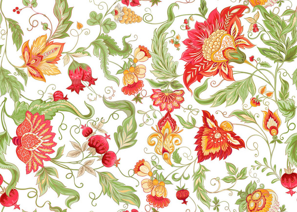 Seamless pattern with stylized ornamental flowers in retro, vintage style. Jacobin embroidery. Colored vector illustration. Isolated on white background. - Вектор,изображение