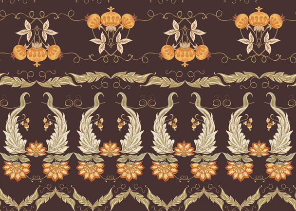 Seamless pattern with stylized ornamental flowers in retro, vintage style. Jacobin embroidery. Colored vector illustration In soft orange and green colorson brown background - Vetor, Imagem